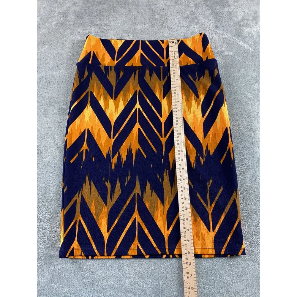 LuLaRoe Cassie Pencil Skirt Large Navy Mustard Yellow Brown‎ Chevron Ikat Print